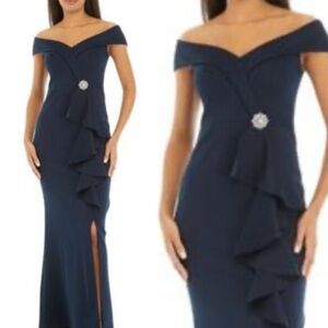 Jessica Howard Off the Shoulder Solid Gown with Ruffle Navy Blue Size 10 or 16